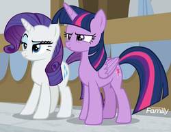 Size: 1367x1056 | Tagged: safe, screencap, rarity, twilight sparkle, alicorn, pony, unicorn, friendship university, g4, angry, cropped, discovery family logo, duo, female, frown, mare, narrowed eyes, raised eyebrow, twilight sparkle (alicorn), unimpressed