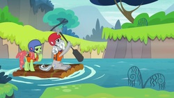 Size: 1920x1080 | Tagged: safe, screencap, star swirl the bearded, tree hugger, pony, friendship university, g4, dexterous hooves, helmet, oar, raft, river, stream, unshorn fetlocks