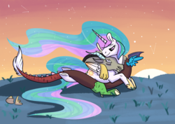 Size: 1757x1246 | Tagged: safe, artist:carouselcoffee, discord, princess celestia, alicorn, draconequus, pony, g4, colored wings, constellation, cute, discute, eyes closed, female, gradient wings, grass, hoof shoes, male, ship:dislestia, shipping, smiling, straight, sunset, underhoof