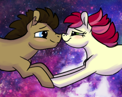 Size: 1247x1000 | Tagged: safe, artist:carouselcoffee, doctor whooves, roseluck, time turner, earth pony, pony, g4, blushing, cute, duo, female, male, mare, nose to nose, ship:doctorrose, shipping, smiling, stallion, starry backdrop, straight