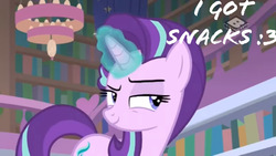 Size: 1280x720 | Tagged: safe, edit, edited screencap, screencap, starlight glimmer, pony, unicorn, g4, the end in friend, bookshelf, cute, female, mare, smiling, solo, text