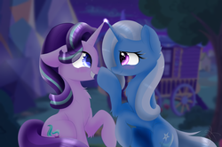 Size: 1024x679 | Tagged: safe, artist:enviaart, starlight glimmer, trixie, pony, unicorn, g4, blushing, boop, cute, diatrixes, female, glimmerbetes, horn, horns are touching, lesbian, mare, romantic, ship:startrix, shipping, trixie's wagon