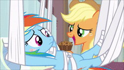 Size: 1280x720 | Tagged: safe, screencap, applejack, rainbow dash, twilight sparkle, alicorn, earth pony, pegasus, pony, g4, rainbow falls, animated, apple brown betty (food), applejack's hat, bandage, bandaid, cowboy hat, crumbs, feeding, female, food, freckles, hat, hoof in mouth, hoofjack, hospital, moaning, open mouth, out of context, sound, talking with your mouth full, webm