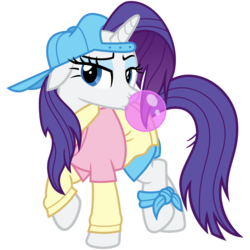 Size: 3200x3200 | Tagged: safe, artist:cheezedoodle96, rarity, pony, friendship university, g4, .svg available, alternate hairstyle, anklet, backwards ballcap, baseball cap, blowing bubbles, bubblegum, cap, clothes, female, food, gum, hat, high res, lidded eyes, looking at you, mare, plainity, raised hoof, shirt, shorts, simple background, solo, svg, transparent background, vector