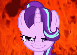 Size: 496x352 | Tagged: safe, artist:slb94, editor:axal-5, starlight glimmer, pony, g4, animated, evil smile, female, fire, grin, purple, smiling, smirk, solo, vector