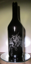 Size: 2385x4925 | Tagged: safe, artist:malte279, queen chrysalis, twilight sparkle, changeling, pony, unicorn, g4, andy price, baileys, black glass, bottle, craft, fight, glass engraving