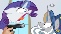 Size: 1366x763 | Tagged: safe, edit, edited screencap, screencap, rarity, star swirl the bearded, pony, unicorn, friendship university, g4, angry, boomerang (tv channel), cowering, delet this, eye contact, faic, female, floppy ears, frown, glowing horn, gun, hand, handgun, hat, horn, looking at each other, magic, male, mare, nose wrinkle, open mouth, pistol, rage, shouting rarity, stallion, tongue out, trigger discipline, wat, weapon, wide eyes