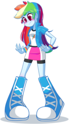 Size: 1024x1816 | Tagged: safe, artist:riouku, rainbow dash, equestria girls, g4, big feet, blushing, boots, clothes, commission, compression shorts, cute, dashabetes, female, foot growth, growth, looking down, moe, shoes, shorts, simple background, skirt, solo, transparent background