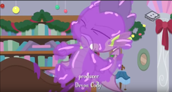Size: 1032x554 | Tagged: safe, screencap, spike, dragon, goo, g4, the hearth's warming club, boomerang (tv channel), flying, stuck, winged spike, wings