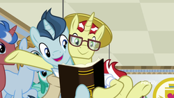 Size: 1920x1080 | Tagged: safe, screencap, final countdown, flim, polo play, spring melody, sprinkle medley, sprout greenhoof, pony, unicorn, friendship university, g4, book, glasses, las pegasus resident, male, stallion
