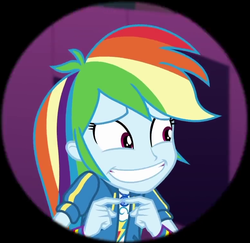 Size: 784x761 | Tagged: safe, screencap, rainbow dash, constructive criticism, constructive criticism: rainbow dash, equestria girls, g4, my little pony equestria girls: better together, clothes, cropped, cute, dashabetes, faic, female, geode of super speed, grin, jacket, magical geodes, nervous, nervous smile, rainbow dash is best facemaker, shirt, simple background, smiling, sweatshirt, t-shirt, wristband