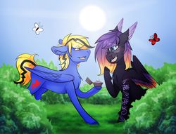 Size: 1800x1373 | Tagged: safe, artist:bluefly10, oc, oc only, oc:blooming lotus, oc:thunder lightning, butterfly, pegasus, pony, backlighting, bush, chest fluff, coat markings, colored wings, ear fluff, feathered ears, floppy ears, folded wings, gradient wings, grass, hoof hold, marriage proposal, open mouth, ring, signature, sitting, sky, smiling, spread wings, standing, sun, thunming, wedding ring, wings