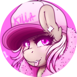 Size: 1032x1032 | Tagged: safe, artist:aaa-its-spook, oc, oc only, oc:cam, earth pony, pony, accessory, ear piercing, earring, female, fur coat, gift art, hat, jewelry, looking at you, piercing, pink, pink eyes, solo, tongue out