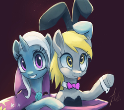 Size: 1056x936 | Tagged: safe, artist:grissaecrim, derpy hooves, trixie, pegasus, pony, unicorn, a matter of principals, g4, bow, bowtie, bunny ears, bunny suit, cape, clothes, cuffs (clothes), cute, derpabetes, diatrixes, female, hat, looking at you, magic trick, mare, pony out of a hat, signature, smiling, tongue out, trixie's cape, trixie's hat