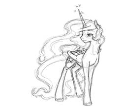 Size: 1273x1114 | Tagged: safe, artist:bri-sta, princess celestia, alicorn, pony, g4, female, grayscale, mare, missing accessory, monochrome, simple background, sketch, solo, unshorn fetlocks, white background