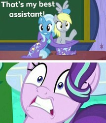 Size: 892x1036 | Tagged: safe, edit, edited screencap, screencap, derpy hooves, starlight glimmer, trixie, a matter of principals, g4, the parent map, pony out of a hat