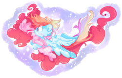 Size: 1280x818 | Tagged: dead source, safe, artist:pinkablue, pinkie pie, rainbow dash, earth pony, pegasus, pony, g4, abstract background, ear fluff, eyes closed, female, hug, lesbian, mare, ship:pinkiedash, shipping, signature