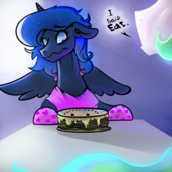 Size: 2000x2000 | Tagged: safe, artist:mylittlegodzilla, princess celestia, princess luna, pony, g4, cake, female, food, high res, mare, nervous smile, pancakes, this will end in death, this will end in food poisoning