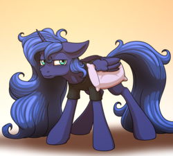 Size: 2000x1800 | Tagged: safe, artist:ohemo, princess luna, alicorn, pony, g4, atg 2018, clothes, female, gradient background, looking at you, mare, newbie artist training grounds, pillow, shirt, sleepy, solo, tired
