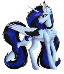 Size: 1214x1400 | Tagged: safe, artist:monogy, oc, oc only, oc:moonlight shadow, alicorn, pony, alicorn oc, colored wings, commission, female, multicolored wings, raised hoof, simple background, solo, transparent background
