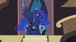 Size: 1280x720 | Tagged: safe, edit, edited screencap, editor:slayerbvc, screencap, princess luna, alicorn, pony, g4, princess twilight sparkle (episode), accessory-less edit, bare hooves, castle of the royal pony sisters, female, mare, missing accessory, solo, spread wings, throne, wings
