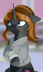 Size: 2076x3473 | Tagged: safe, artist:overlord pony, oc, oc only, oc:aurora rose, pony, unicorn, clothes, female, high res, hmph, hoodie, looking away, mare, simple background, solo