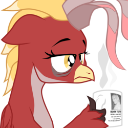 Size: 2800x2800 | Tagged: safe, artist:aaronmk, oc, oc only, oc:posada, hippogriff, atg 2018, bags under eyes, born to die, coffee mug, female, high res, hippogriff oc, juan posadas, lidded eyes, meme, mug, newbie artist training grounds, solo