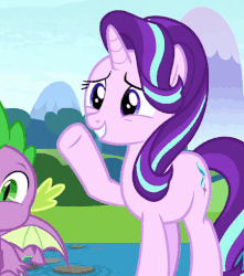 Size: 451x510 | Tagged: safe, screencap, spike, starlight glimmer, dragon, pony, unicorn, a matter of principals, g4, season 8, animated, animation error, cropped, female, solo, surprised, waving, winged spike, wings