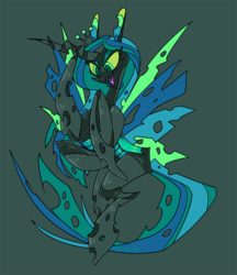 Size: 950x1100 | Tagged: safe, artist:chocodile, queen chrysalis, changeling, changeling queen, g4, crown, female, green background, jewelry, regalia, simple background