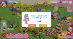 Size: 1024x551 | Tagged: safe, gameloft, big macintosh, braeburn, coloratura, fashion plate, granny smith, pinkie pie, queen chrysalis, rarity, spike, dragon, g4, game screencap, gem, generous gameloft, sweet apple acres, winged spike, wings
