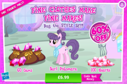 Size: 798x526 | Tagged: safe, gameloft, suri polomare, pony, g4, advertisement, costs real money, female, gem, introduction card, sale, solo