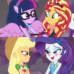 Size: 1080x1080 | Tagged: safe, screencap, applejack, rarity, sci-twi, sunset shimmer, twilight sparkle, equestria girls, equestria girls series, forgotten friendship, g4, rollercoaster of friendship, blushing, context is for the weak, female, geode of shielding, geode of super strength, magical geodes, out of context, ponied up, sci-twilicorn, shipping fuel, super ponied up