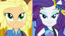 Size: 1921x1080 | Tagged: safe, screencap, applejack, rarity, equestria girls, equestria girls specials, g4, my little pony equestria girls: better together, my little pony equestria girls: rollercoaster of friendship, female, lidded eyes, looking at you, photo booth (song), ponied up, shipping fuel, singing, sliding background, song, super ponied up