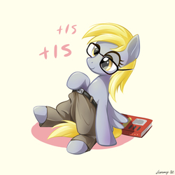 Size: 1000x1000 | Tagged: safe, artist:jeremywithlove, derpy hooves, pegasus, pony, g4, book, chinese meme, clothes, female, glasses, mare, mogic, pants, simple background, smiling, solo, white background