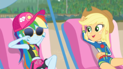 Size: 1920x1080 | Tagged: safe, screencap, applejack, rainbow dash, equestria girls, g4, lost and found, my little pony equestria girls: better together, applejack's hat, baseball cap, beach chair, belly button, bikini, cap, chair, clothes, cowboy hat, duo, female, freckles, geode of super speed, geode of super strength, hat, magical geodes, relaxing, stetson, sunbathing, sunglasses, swimsuit, thighs