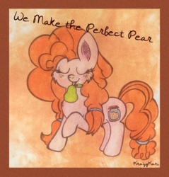 Size: 1223x1280 | Tagged: safe, artist:krazykari, pear butter, earth pony, pony, g4, female, food, mouth hold, pear, solo