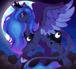Size: 2200x2000 | Tagged: safe, artist:sunny-dean, princess luna, alicorn, pony, g4, cloud, female, high res, leonine tail, mare, moon, night, smiling, solo, spread wings, unshorn fetlocks, wings