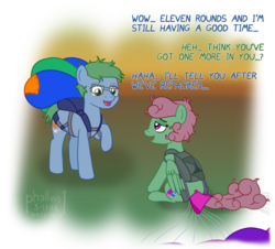 Size: 1442x1302 | Tagged: safe, artist:phallen1, oc, oc only, oc:software patch, oc:windcatcher, atg 2018, dialogue, double entendre, exhausted, female, male, messy mane, newbie artist training grounds, parachute, simple background, sitting, straight, tired, transparent background, windpatch