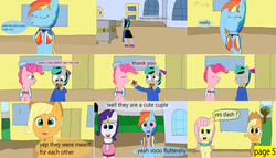 Size: 11550x6600 | Tagged: safe, artist:mellowbomb, applejack, pinkie pie, rainbow dash, rarity, oc, oc:closingrain, comic:calamity fateful, g4, 1000 hours in ms paint, absurd resolution, canon x oc, dialogue, female, lesbian, shipping