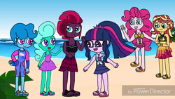 Size: 1280x720 | Tagged: safe, artist:徐詩珮, glitter drops, pinkie pie, sci-twi, spring rain, sunset shimmer, tempest shadow, twilight sparkle, equestria girls, equestria girls series, forgotten friendship, g4, my little pony: the movie, clothes, equestria girls-ified, feet, female, lesbian, polyamory, sandals, ship:glittershadow, ship:sci-twinkie, ship:sci-twishimmer, ship:springdrops, ship:springshadow, ship:springshadowdrops, ship:sunsetpie, ship:sunsetsparkle, ship:twinkie, shipping, sunlightpie, swimsuit