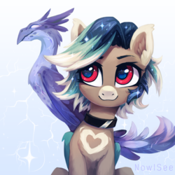 Size: 2000x2000 | Tagged: safe, artist:inowiseei, oc, oc only, oc:aviera betelgeuse, bat pony, bird, pegasus, pony, thunderbird, :3, bat pony oc, chest fluff, collar, colored pupils, colored wings, ear fluff, female, fluffy, high res, looking back, mare, simple background, smiling, sparkles, starry eyes, white background, wingding eyes