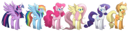 Size: 1600x398 | Tagged: safe, artist:erkythehero23, applejack, fluttershy, pinkie pie, rainbow dash, rarity, twilight sparkle, alicorn, pony, g4, curved horn, cutie mark, female, horn, looking at you, mane six, mare, raised hoof, simple background, smiling, spread wings, tongue out, transparent background, twilight sparkle (alicorn), wings