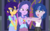 Size: 1550x968 | Tagged: safe, artist:ilaria122, twilight sparkle, oc, oc:shooting star, oc:velvet star, alicorn, equestria girls, g4, bow, clothes, next generation, offspring, older, older sci-twi, older twilight, open mouth, pants, parent:flash sentry, parent:twilight sparkle, parents:flashlight, plaid skirt, shirt, simple background, skirt, smiling, starry hair, twilight sparkle (alicorn), ultimate twilight