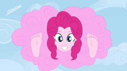 Size: 640x360 | Tagged: safe, artist:cesar3o0, pinkie pie, equestria girls, g4, barefoot, bondage, cloud, cotton candy, cotton candy cloud, encasement, feet, female, fetish, food, foot fetish, implied discord, looking at you, sexy, show accurate, sky, soles, this will end in tickles, toes