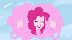 Size: 640x360 | Tagged: safe, artist:cesar3o0, pinkie pie, equestria girls, g4, barefoot, bondage, cloud, cotton candy, cotton candy cloud, encasement, feet, female, fetish, food, foot fetish, implied discord, laughing, sexy, show accurate, sky, soles, tickle fetish, tickle torture, tickling, toes