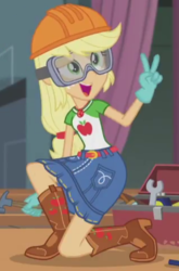 Size: 316x478 | Tagged: safe, screencap, applejack, constructive criticism, equestria girls, g4, my little pony equestria girls: better together, cropped, female, geode of super strength, goggles, hard hat, solo