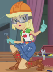 Size: 359x490 | Tagged: safe, screencap, applejack, constructive criticism, equestria girls, g4, my little pony equestria girls: better together, cropped, female, geode of super strength, goggles, hard hat, solo