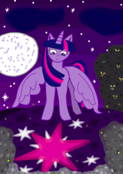 Size: 1000x1414 | Tagged: safe, twilight sparkle, alicorn, pony, g4, female, fog, moon, night, shadow, solo, twilight sparkle (alicorn)