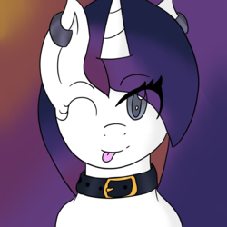 Size: 1000x1000 | Tagged: safe, artist:feelingpandy, oc, oc only, oc:aiko yumi, pony, unicorn, :p, abstract background, collar, cute, female, multicolored hair, piercing, silly, solo, tongue out