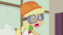 Size: 1280x720 | Tagged: safe, screencap, applejack, constructive criticism, equestria girls, equestria girls series, g4, faic, female, goggles, hard hat, ouch, pain, safety goggles, solo